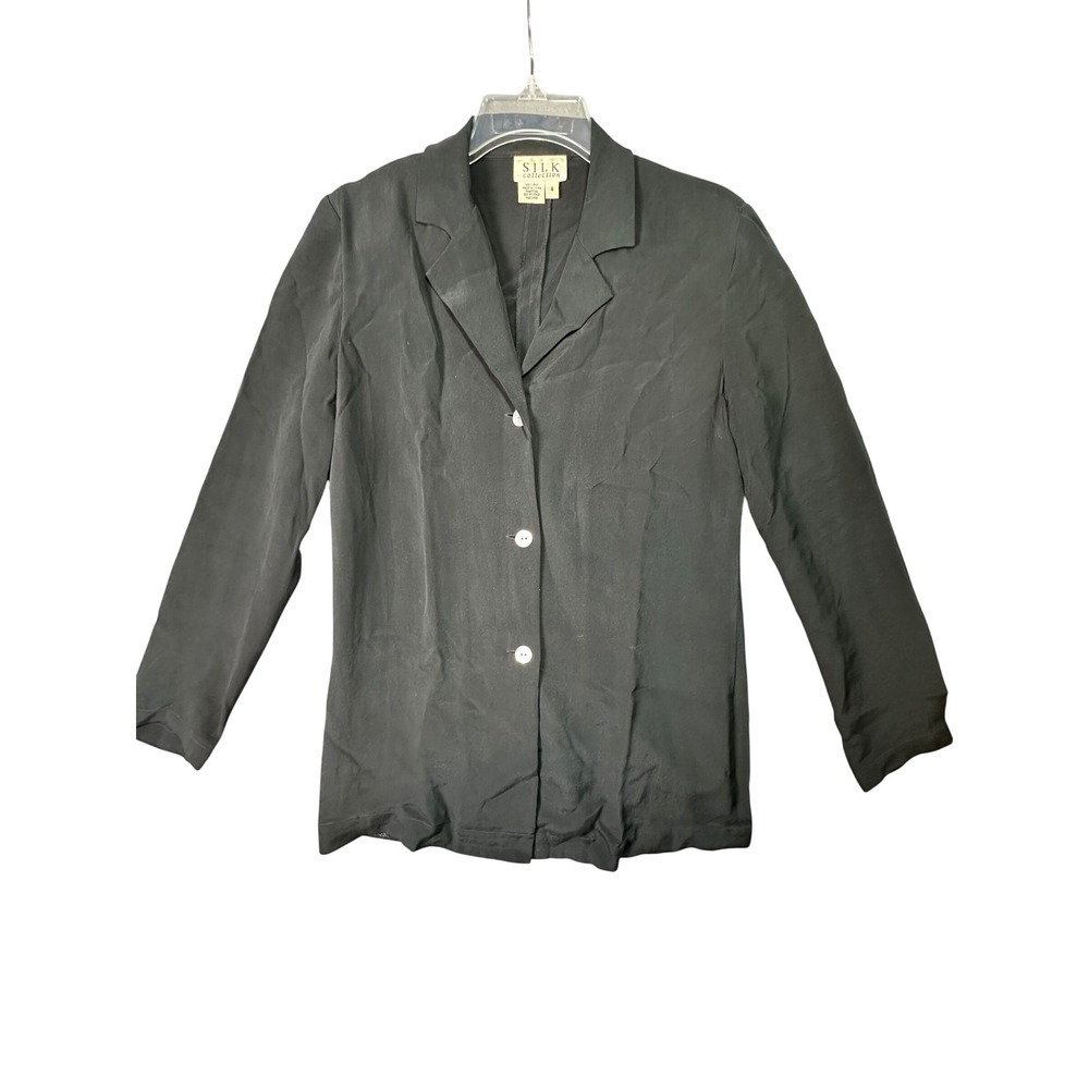 Silk Collection Black 100% Silk Luxury Button Up Blazer Jacket Minimalist Size 4